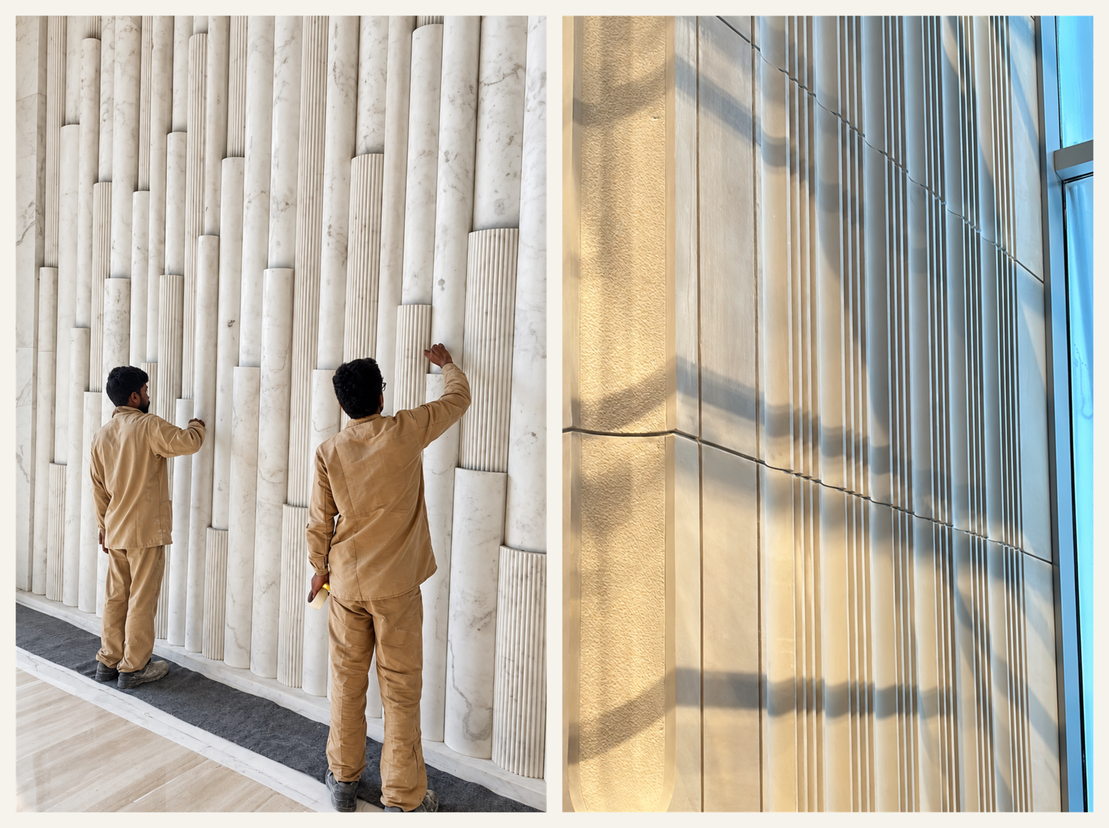 Stone artisans inspecting a marble installation and a close-up of finished stonework
